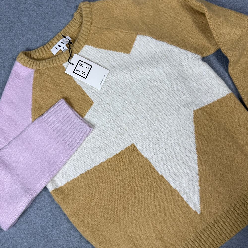 THML Women's Colorblock Star Graphic Crewneck Knit Sweater NWT Beige Pink S